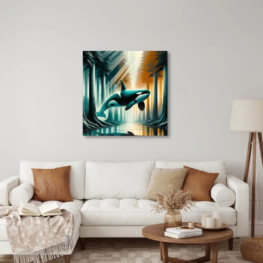 Quadro su tela – Foresta luminosa e orca