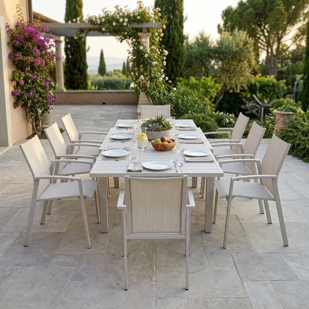 JERRI - set tavolo in alluminio cm 135/270 x 90 x 75 h con 8 poltrone Lotus