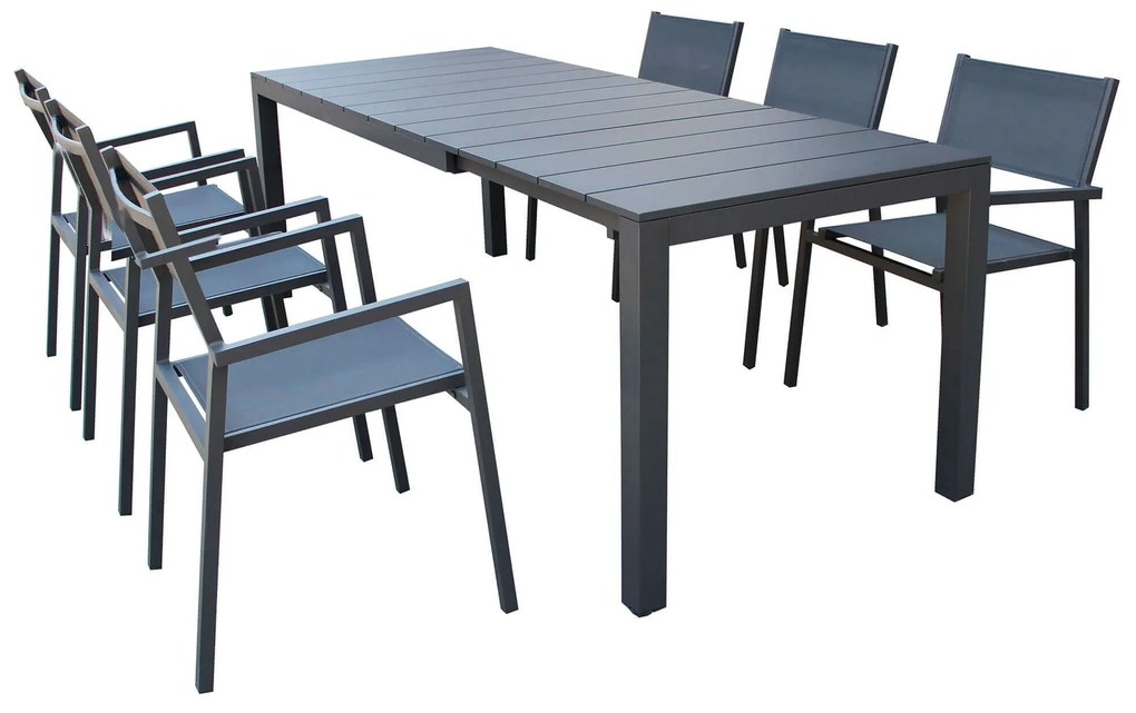 ALASKA - set tavolo in alluminio cm 148/214 x 85 x 75,5 h con 6 poltrone Aulus