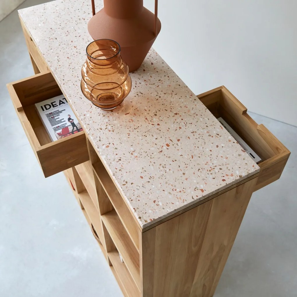 Tikamoon - Consolle in legno di teak massello e terrazzo premium Pink Miho