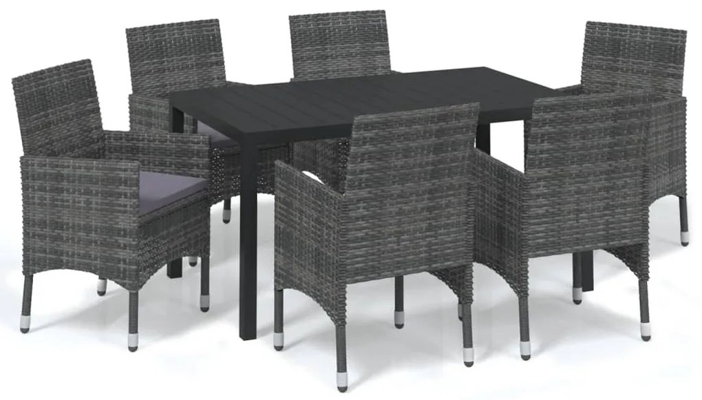 Set da pranzo per giardino 7 pz con cuscini polyrattan grigio