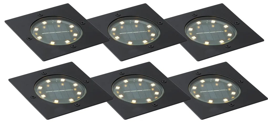 Set di 6 Faretti da incasso a terra quadrati neri con LED IP65 Solari - Terry
