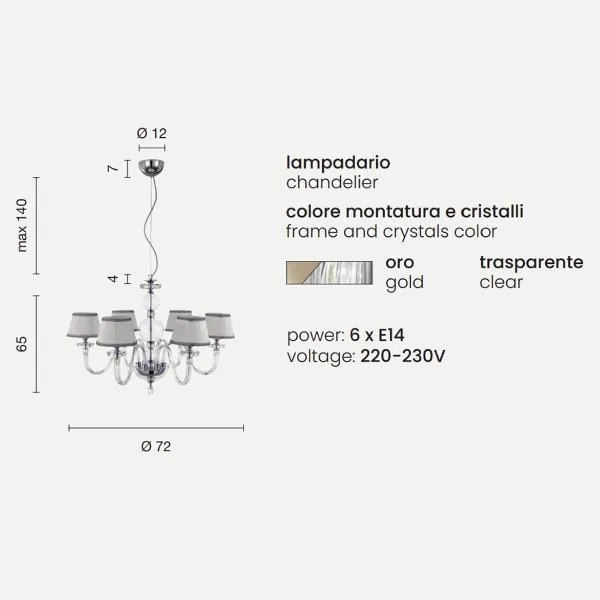 Lampada a sospensione D72 cm BACH senza paralume in vetro trasparente 6 LUCI ORO