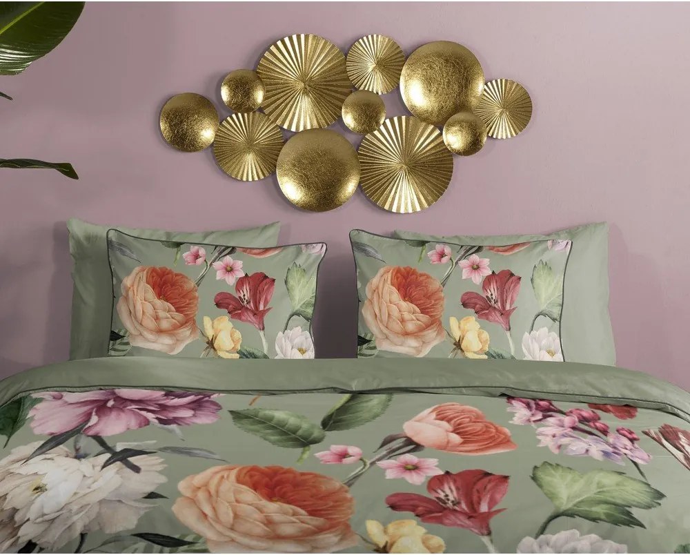 Set copripiumino e federa verde in raso di cotone per letto matrimoniale ed esteso 200x220 cm Fiori – Descanso