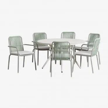 Set Tavolo Rotondo Valerie (ø125 Cm) E 6 Sedie Da Giardino In Alluminio Alberta Con Braccioli Verde Kaki - Sklum