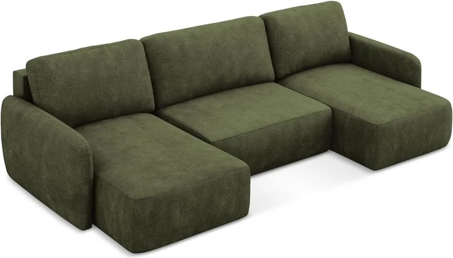 Divano angolare verde allungabile/con contenitore (a U) con rivestimento in ciniglia Lilo – Makamii