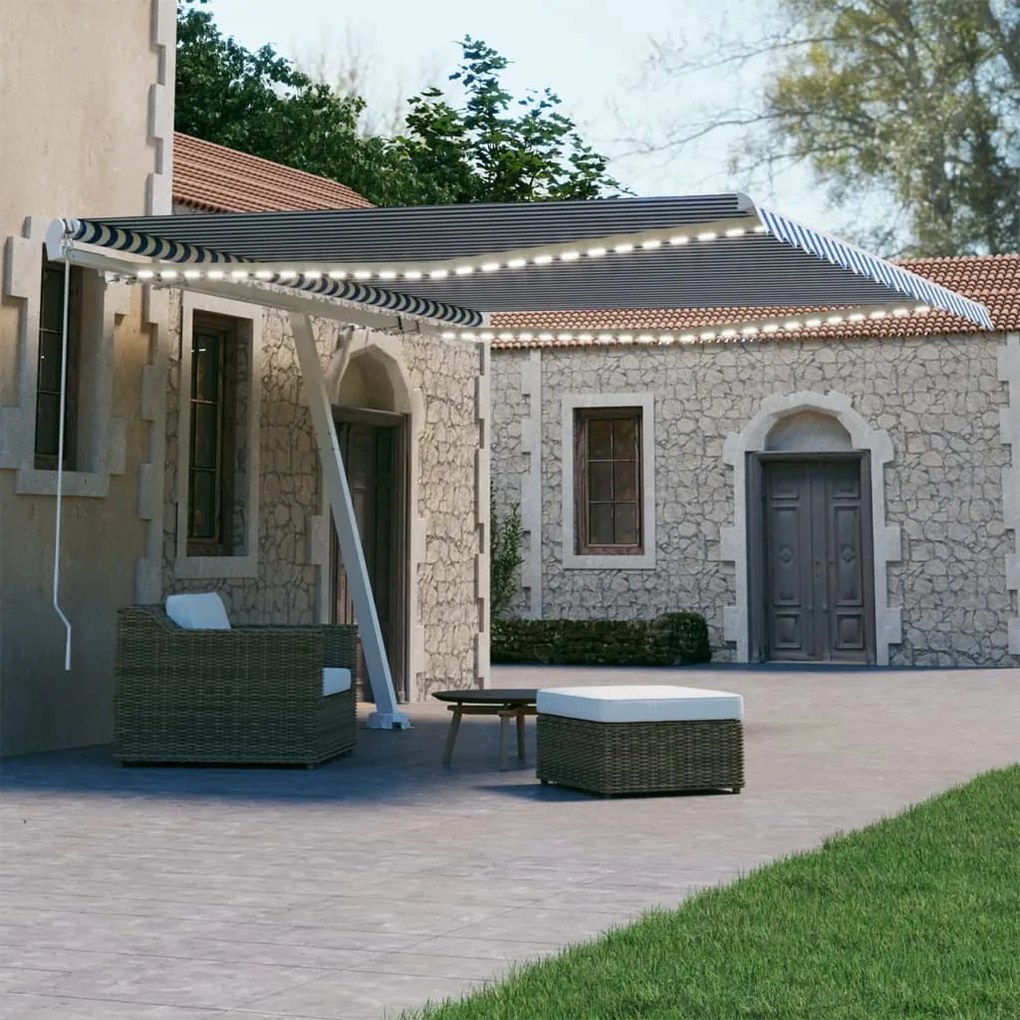 Tenda Da Sole Retrattile Manuale Con Led 450x300cm Blu E Bianca /