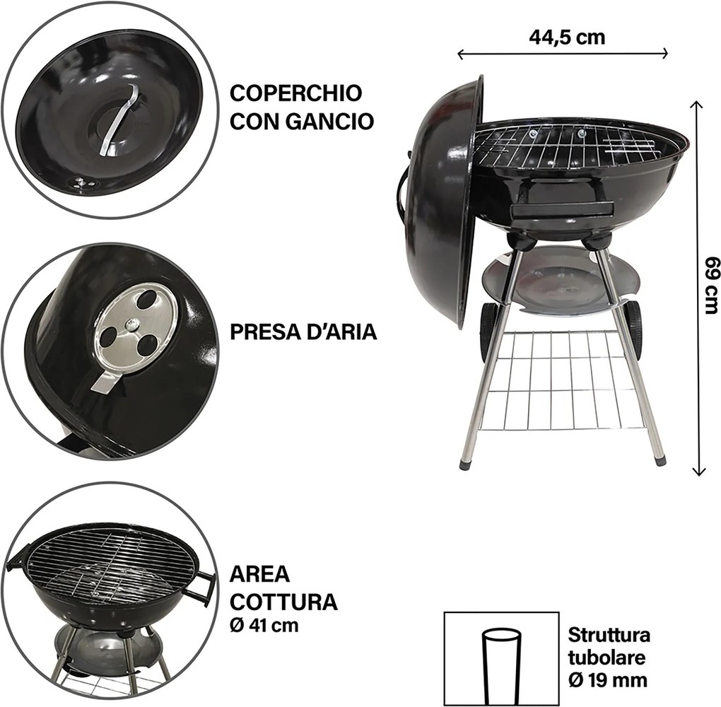 Barbecue a Carbone Carbonella 50x44,5x69 cm con Coperchio e Ruote Struttura in Acciaio Nero...