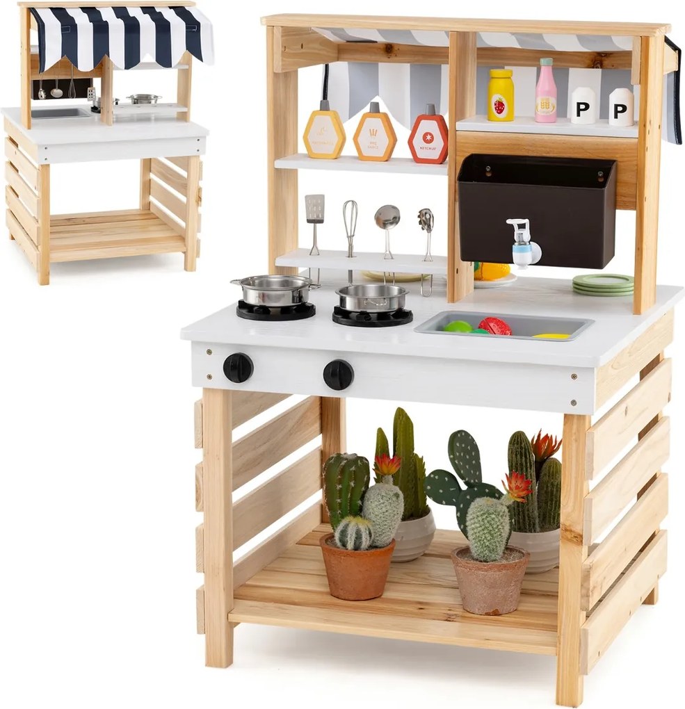 Costway Cucina giochi in legno a doppia faccia con lavandino vaschetta per l'acqua, Set di cucina per bambini dai 3+ anni 2 Colori