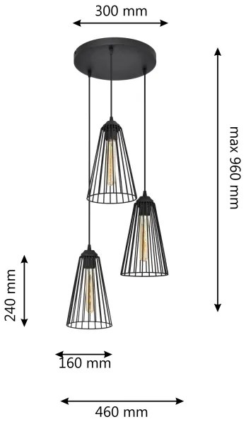 Lampadario a sospensione con filo TORRI 3xE27/15W/230V nero