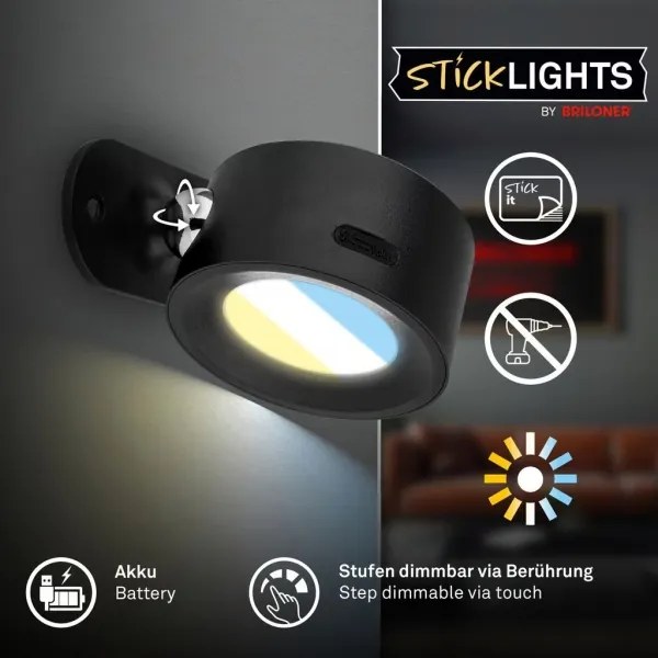 Briloner 3896015 - LED dimmerabile ricaricabile applique da parete TARI LED/1,6W/5V 1500 mAh nero
