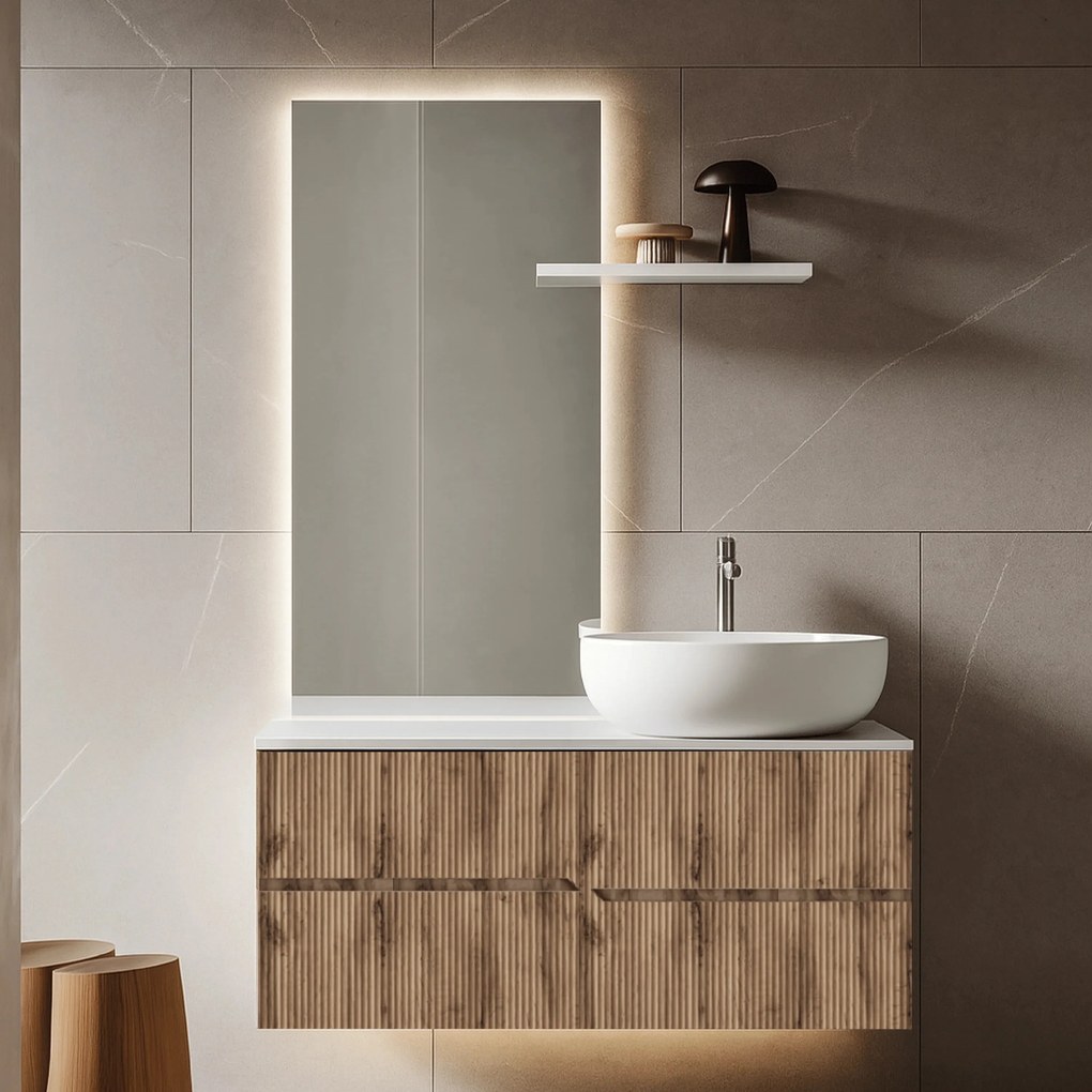Mobile Bagno Sospeso Cannettato 60 Cm Due Cassetti Specchio Led Con Touch 60x90 Cm ItalBagno "Victor"