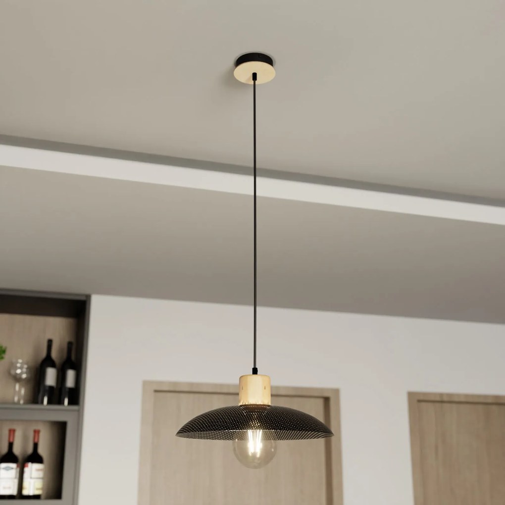 Sospensione Nordica Kobe 1 Luce In Legno E Acciaio Nero