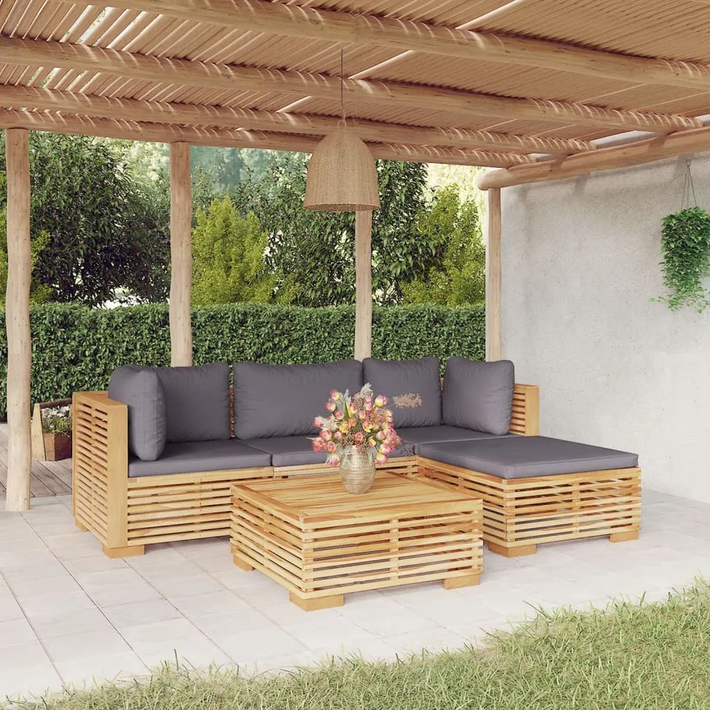 Set Divani da Giardino 5 pz con Cuscini Legno Massello di Teak