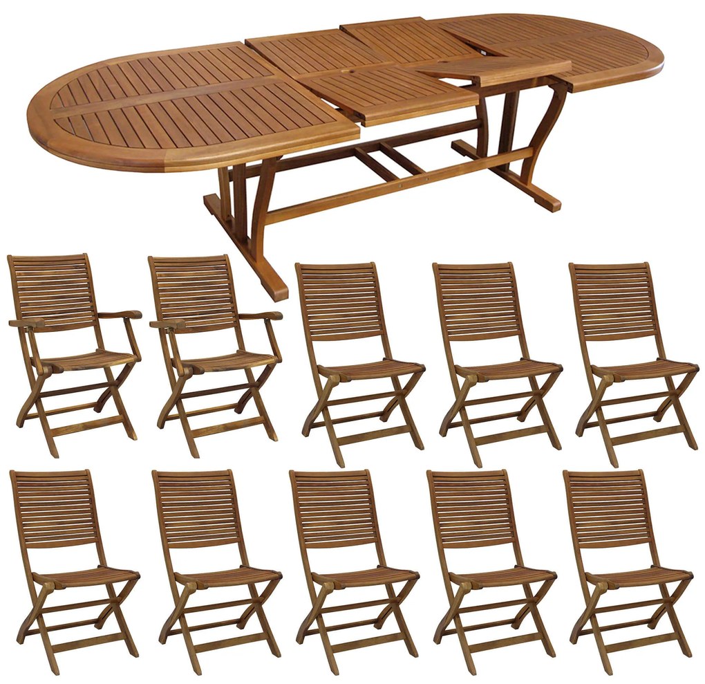 GENIUS - set tavolo in acacia massiccio cm 200/250/300 x 110 x 74 h con 8 sedie e 2 poltrone Mulier