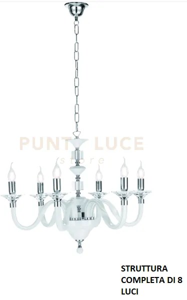 Lampadario gala 8 luci attacco e14 bianco e cromo d.82cm