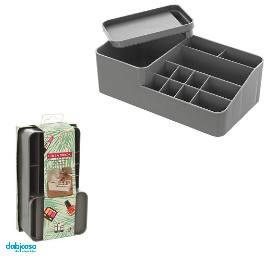 Organizer Porta Cosmetici "Smack"In Plastica Con 11 Scomparti e Box Con Coperchio Grigio