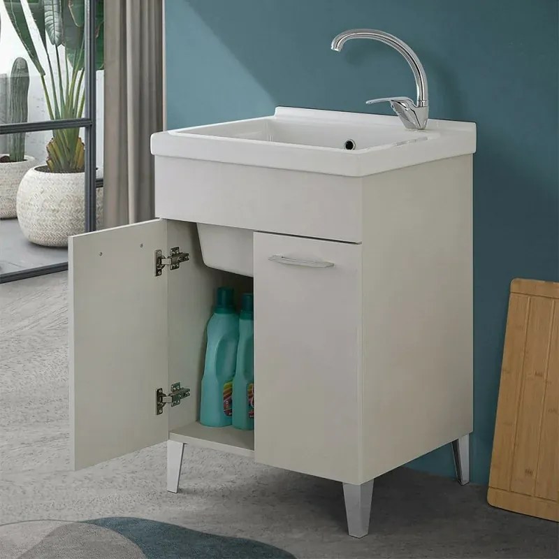 Mobile lavatoio 60x50 cm grigio calce vasca in ceramica e kit di scarico Moon
