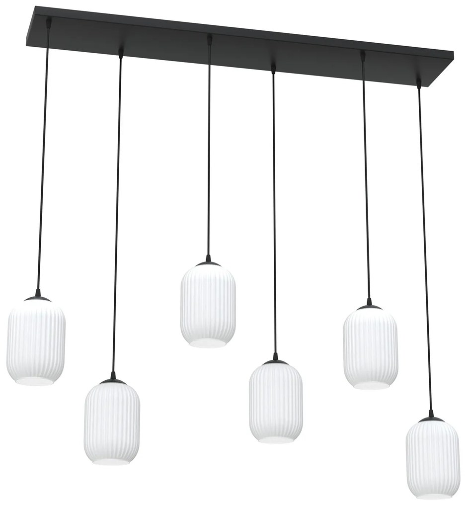 Lampadario 6 Luci Selene In Acciaio Nero E Vetri Plissettati Bianchi