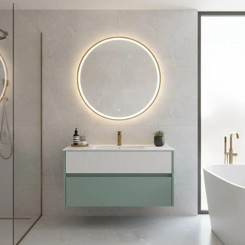 Mobile da bagno sospeso sotto lavabo Niwa 2 cassetti L 89.5 x H 50 x P 45.5 cm verde e bianco laccato opaco cannettato