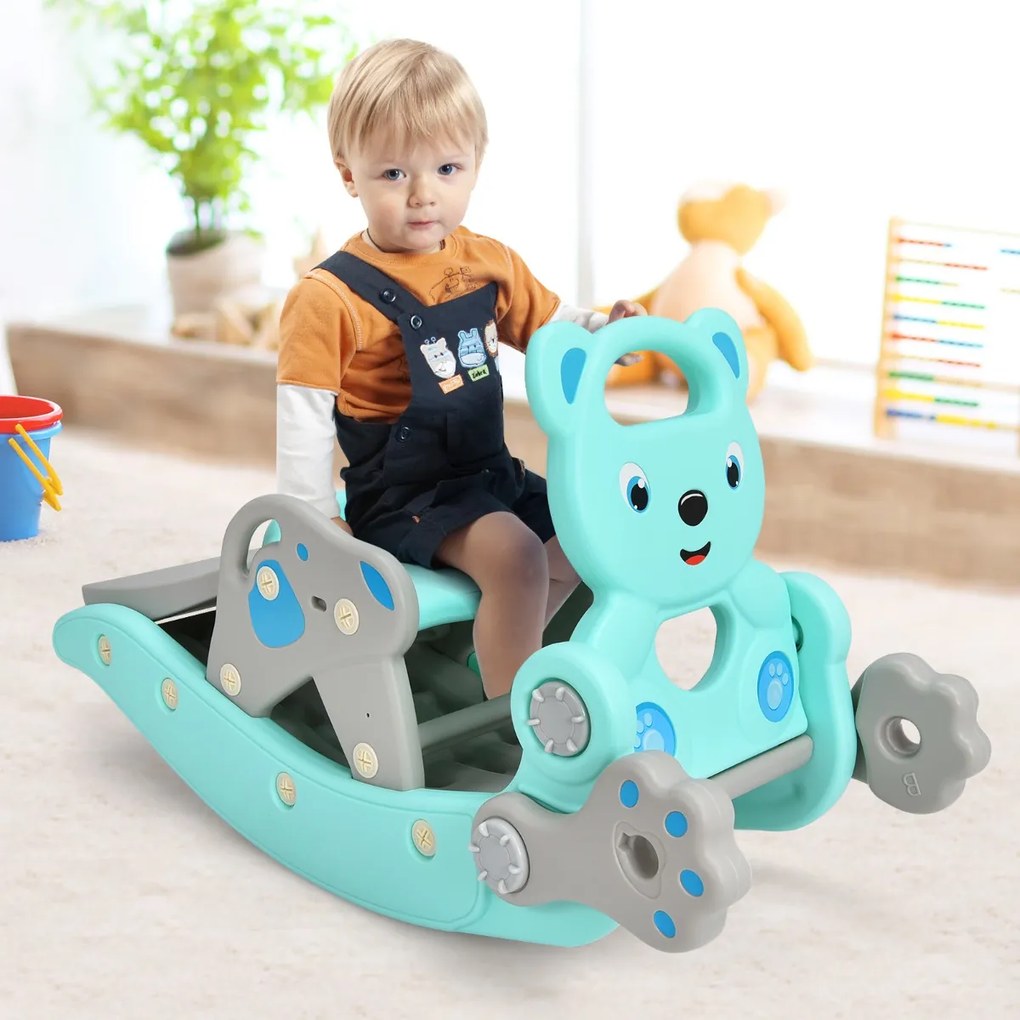 Costway Set scivolo e cavallo a dondolo 2 in 1 per dondolarsi e scivolare, Cavallo a dondolo di plastica per bambini Blu