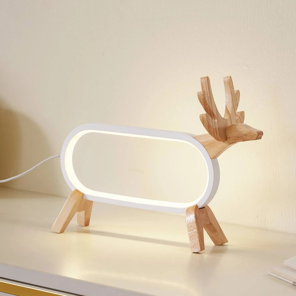 Lampada da tavolo LED Lindby Hirvi, bianco, legno, lunghezza 31 cm