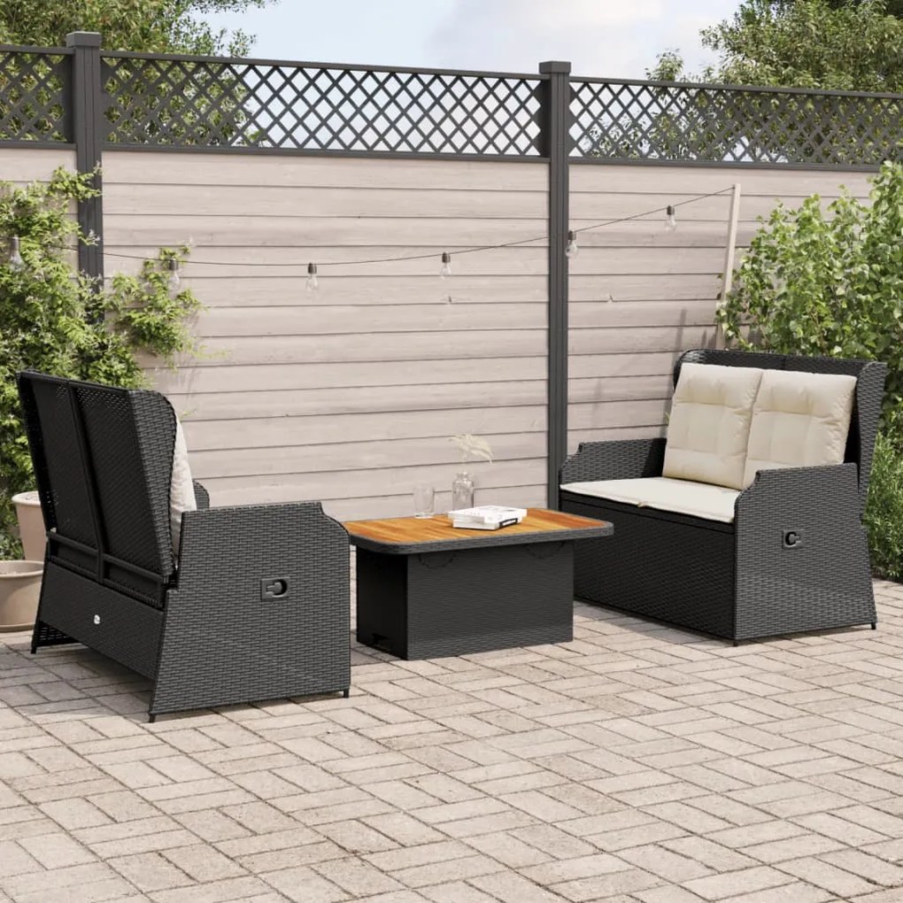 Set divani da giardino 3 pz con cuscini nero in polyrattan