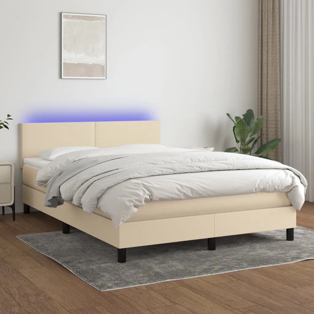Letto A Molle Con Materasso E Led Crema 140x200 Cm İn Tessuto /