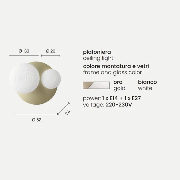 Plafoniera D52 cm TONDO con base in metallo Oro e 2 diffusori in vetro