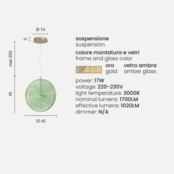 Lampada a sospensione LED JOKEY in metallo e vetro decorato AMBRA 45 cm