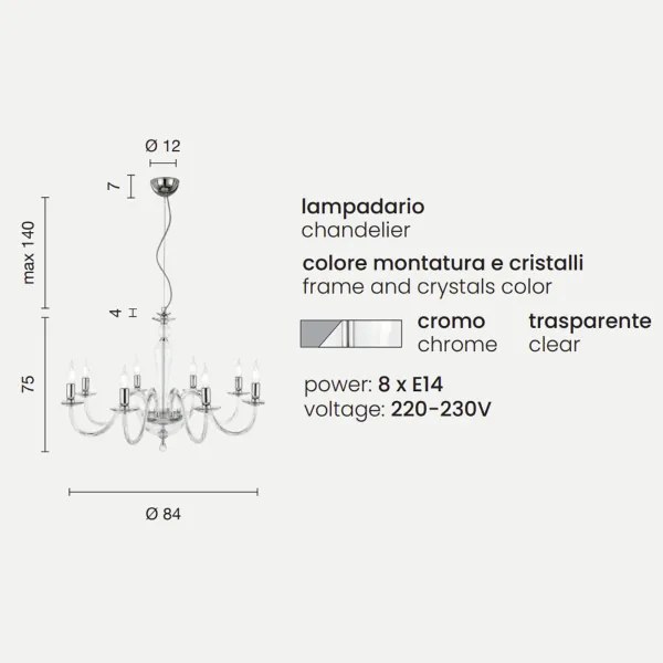Lampada a sospensione D84 cm PAGANINI a 8 LUCI in vetro lavorato a mano CROMO