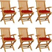 Sedie da Giardino con Cuscini Rossi 6 pz in Massello di Teak 3062562