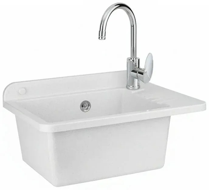 Lavatoio in resina 50x35 bianco con miscelatore a canna alta inox e scarico incluso