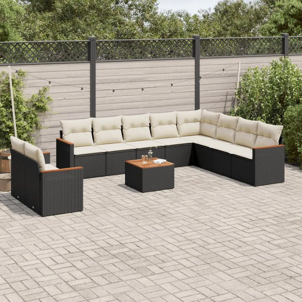 Set divani da giardino 11 pz con cuscini in polyrattan nero