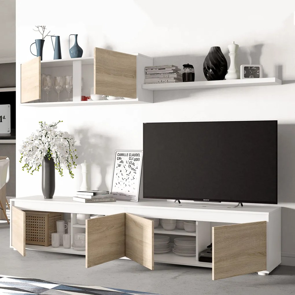 Parete attrezzata mobile TV pensile mensola rovere bianco 0F6663A
