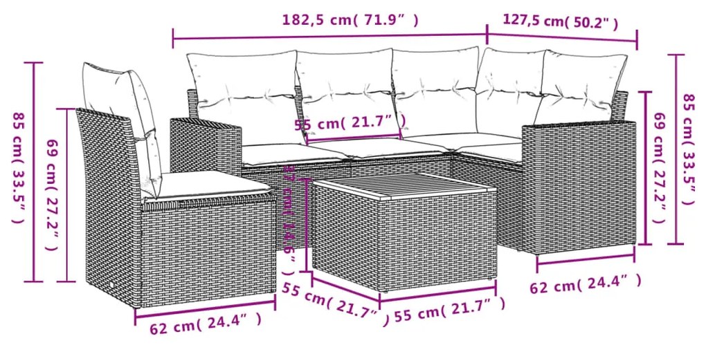 Set divano da giardino 6 pz con cuscini beige in polyrattan