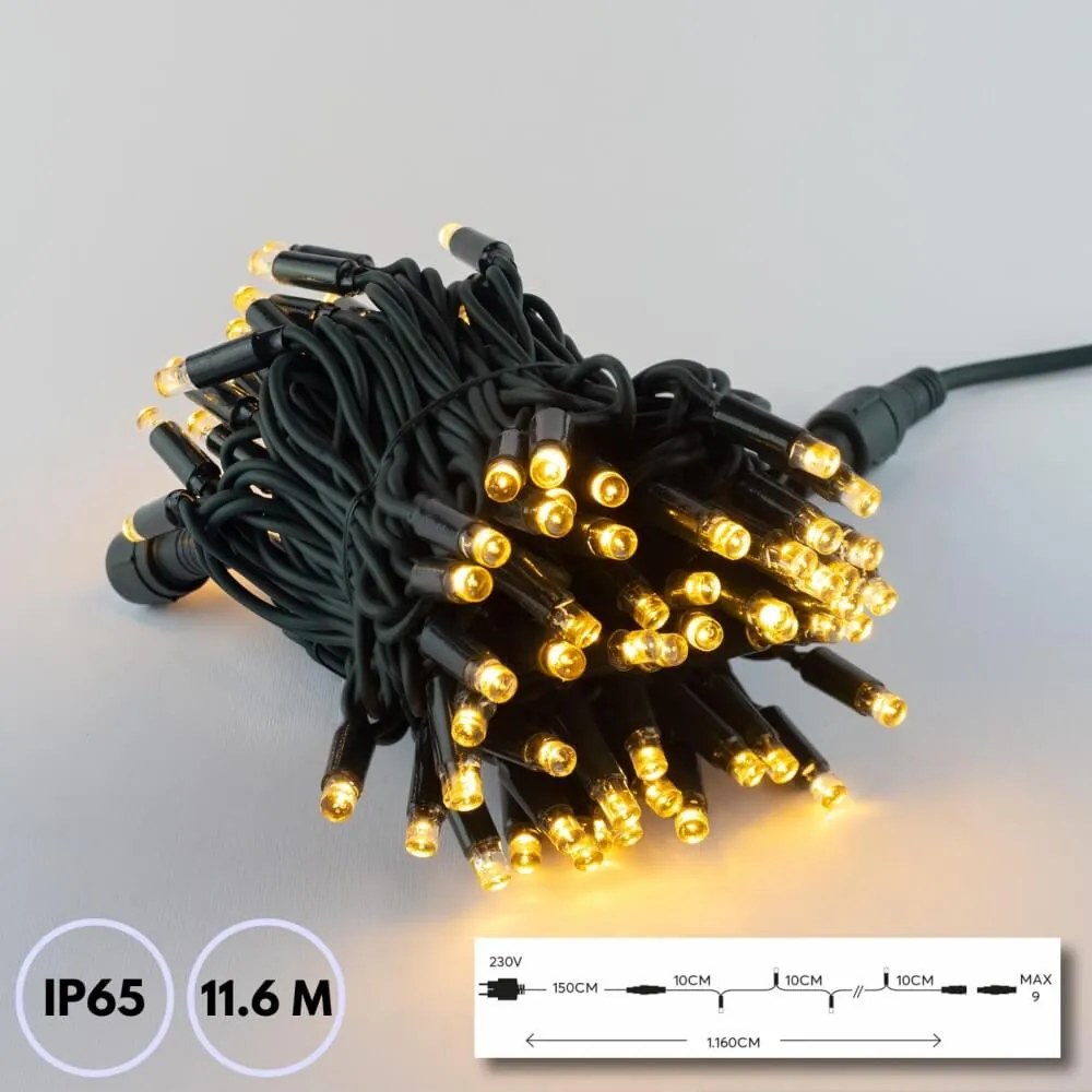 Catenaria Natalizia LED 11.6m, IP65, Cavo VERDE Colore  Bianco Caldo 2.700K