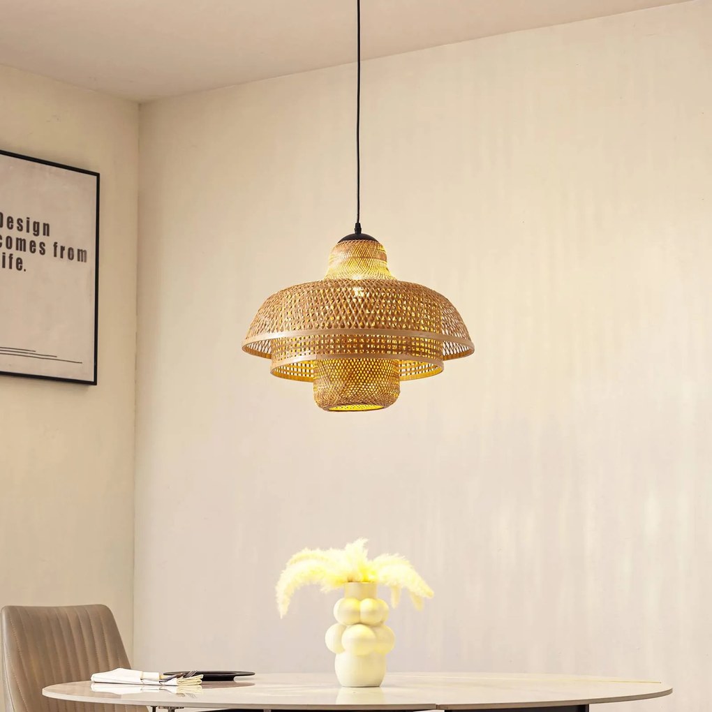 Lampada a sospensione Rasmina Lucande, dimmerabile, Legno chiaro, Soggiorno / Sala da pranzo, bambù, Campagna / Rustiche, Lampada a sospensione