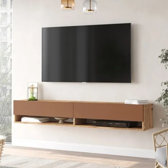 Mobile Tv Sospeso 180x32x30 Effetto Legno Rovere E Rosso Con Vani Frame