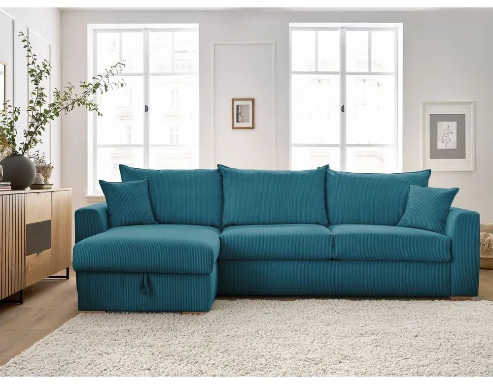 Divano angolare blu allungabile (con composizione variabile) con rivestimento in velluto a coste Augustin – Bobochic Paris