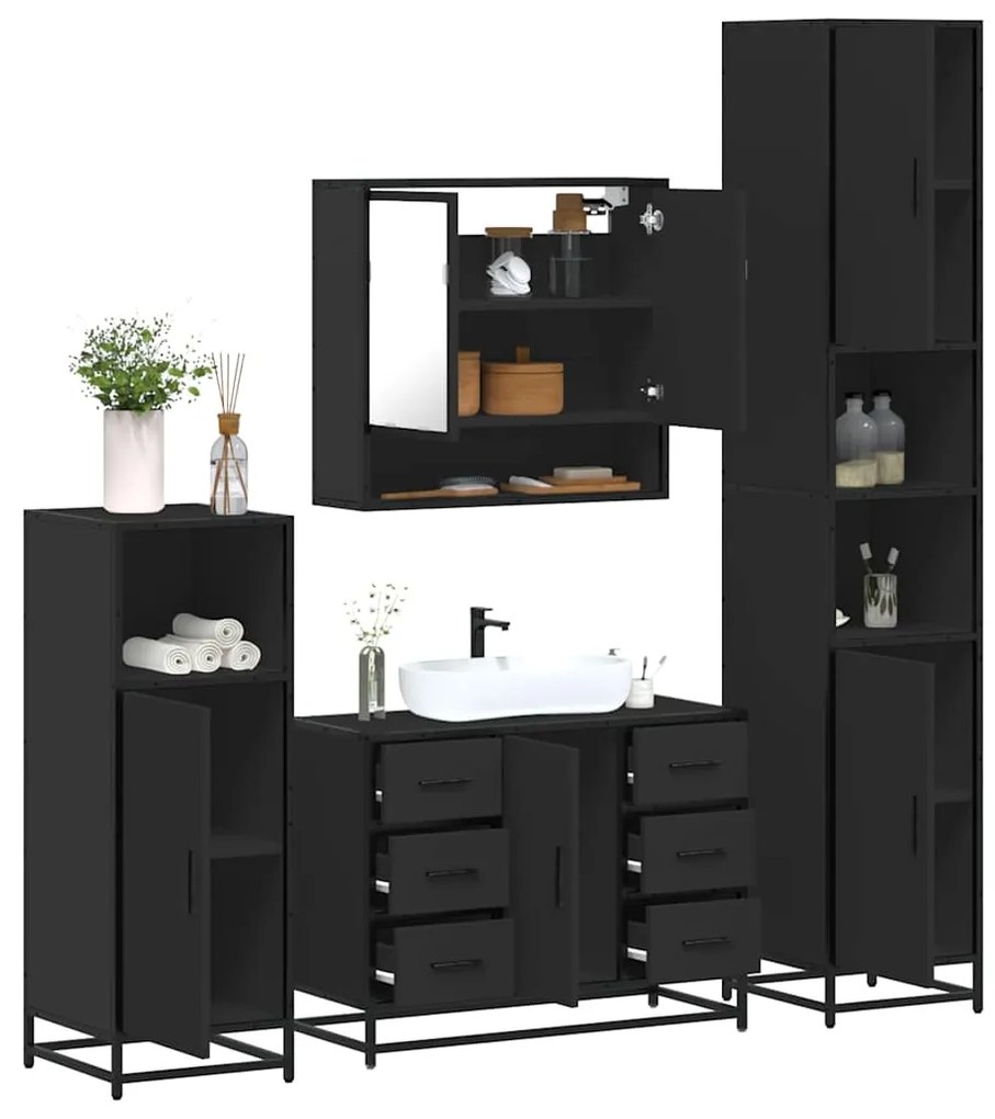 Set Mobili Da Bagno 4 Pz Nero İn Legno Multistrato /