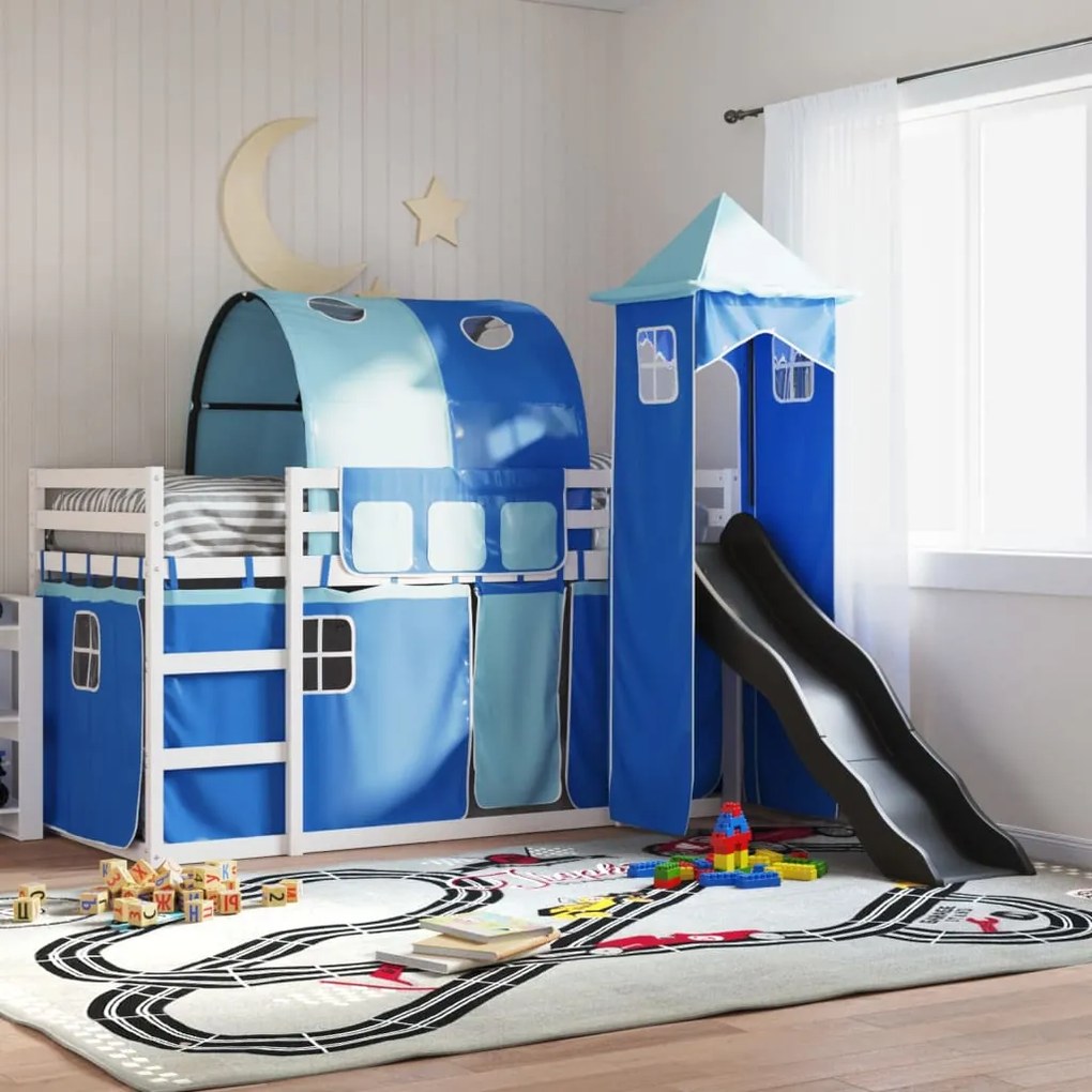 Letto A Castello Con Scivolo E Tende Blu 80x200 Cm /