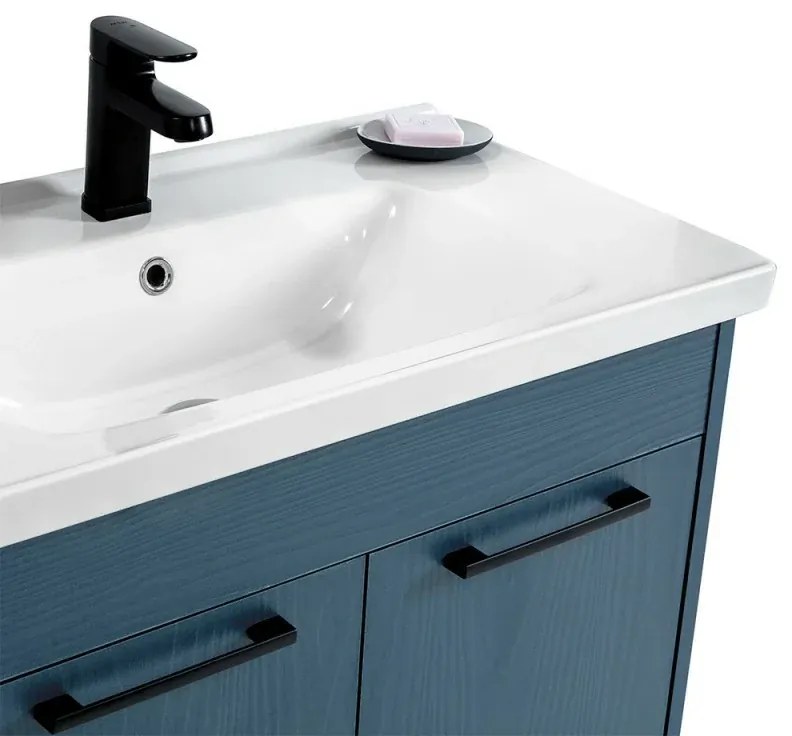 Mobile bagno sospeso 80 cm blu effetto legno con armadietto a specchio Sofia