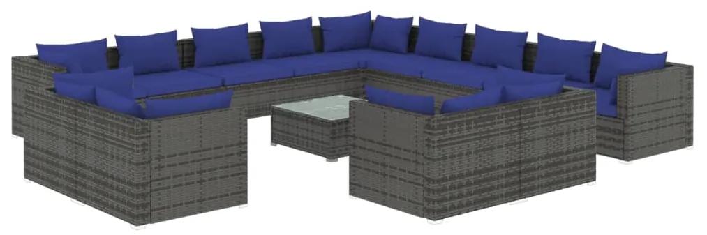 Set divani da giardino 14 pz con cuscini in polyrattan grigio