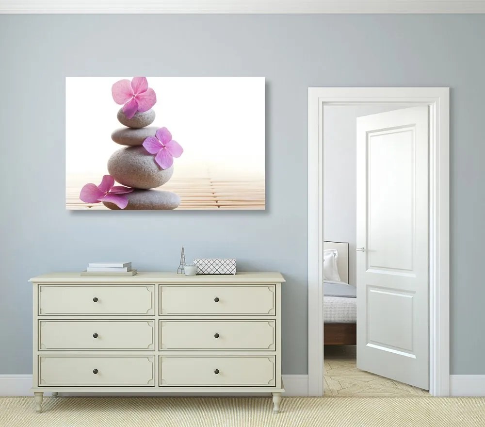 Quadro su tela – Equilibrio di pietre e fiori orientali rosa