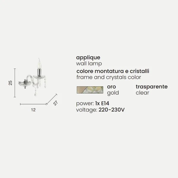 Lampadario applique 12 cm in cristallo DALLAS a 1 luce ORO