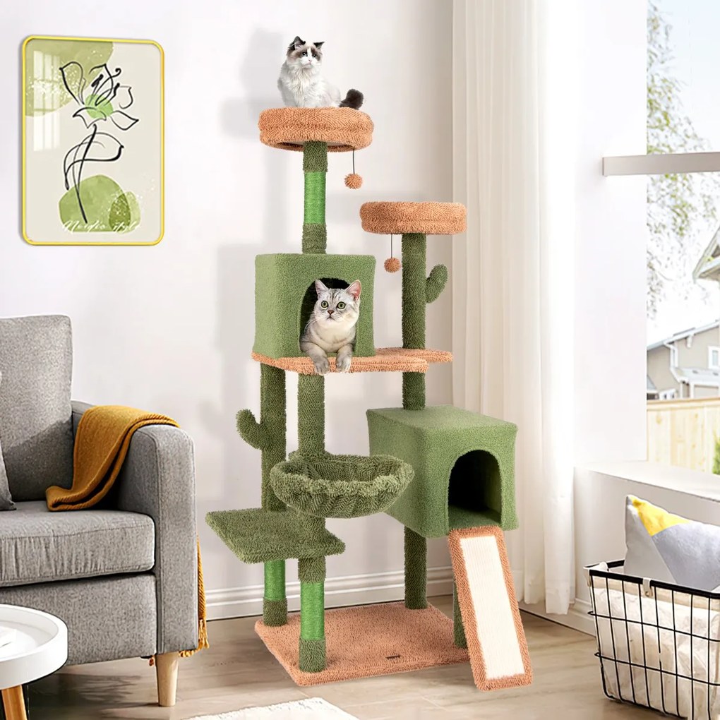 Costway Albero per gatti 160cm a cactus con pali di graffiatura in sisal e scala, Torre per gatti multi-livello Verde