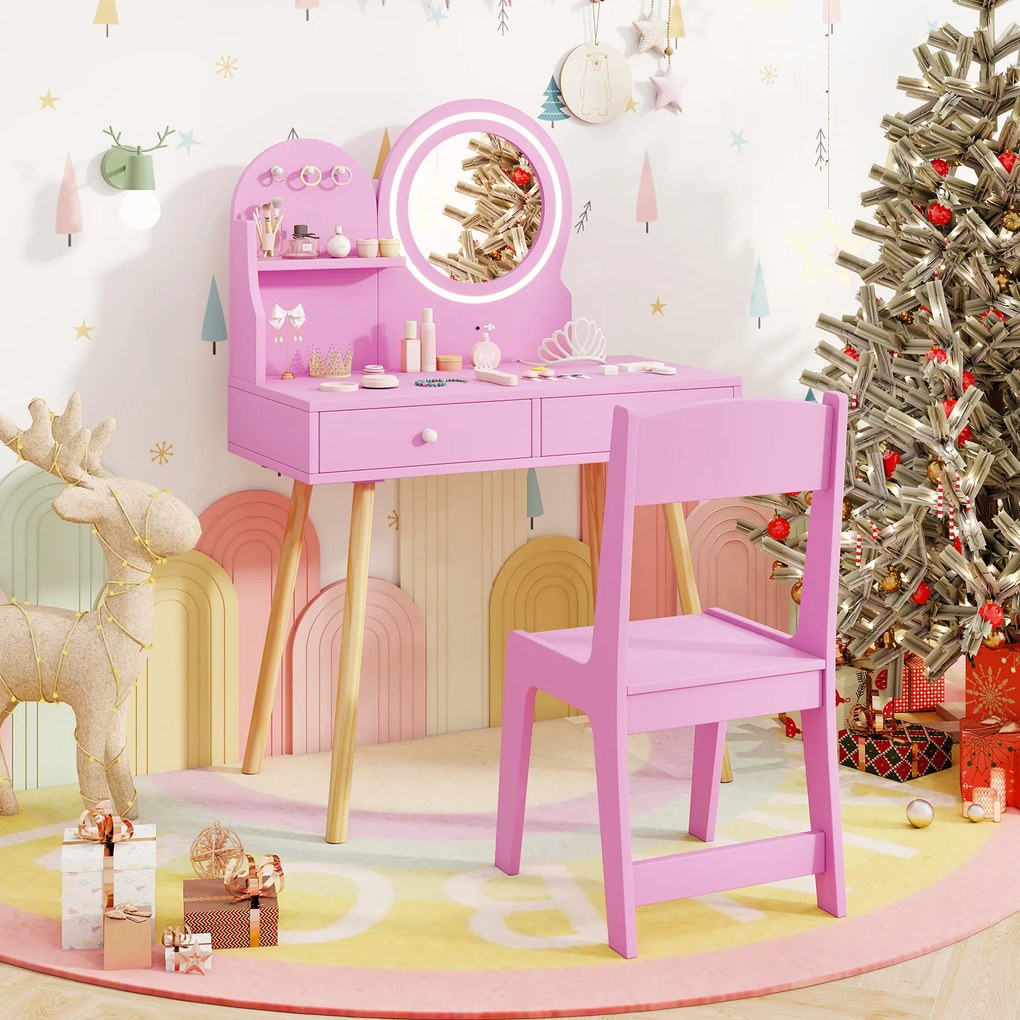 Costway Set da trucco per bambini con specchio illuminato, Set da tavolo e sedia da principessa con ripiano aperto 2 Colori
