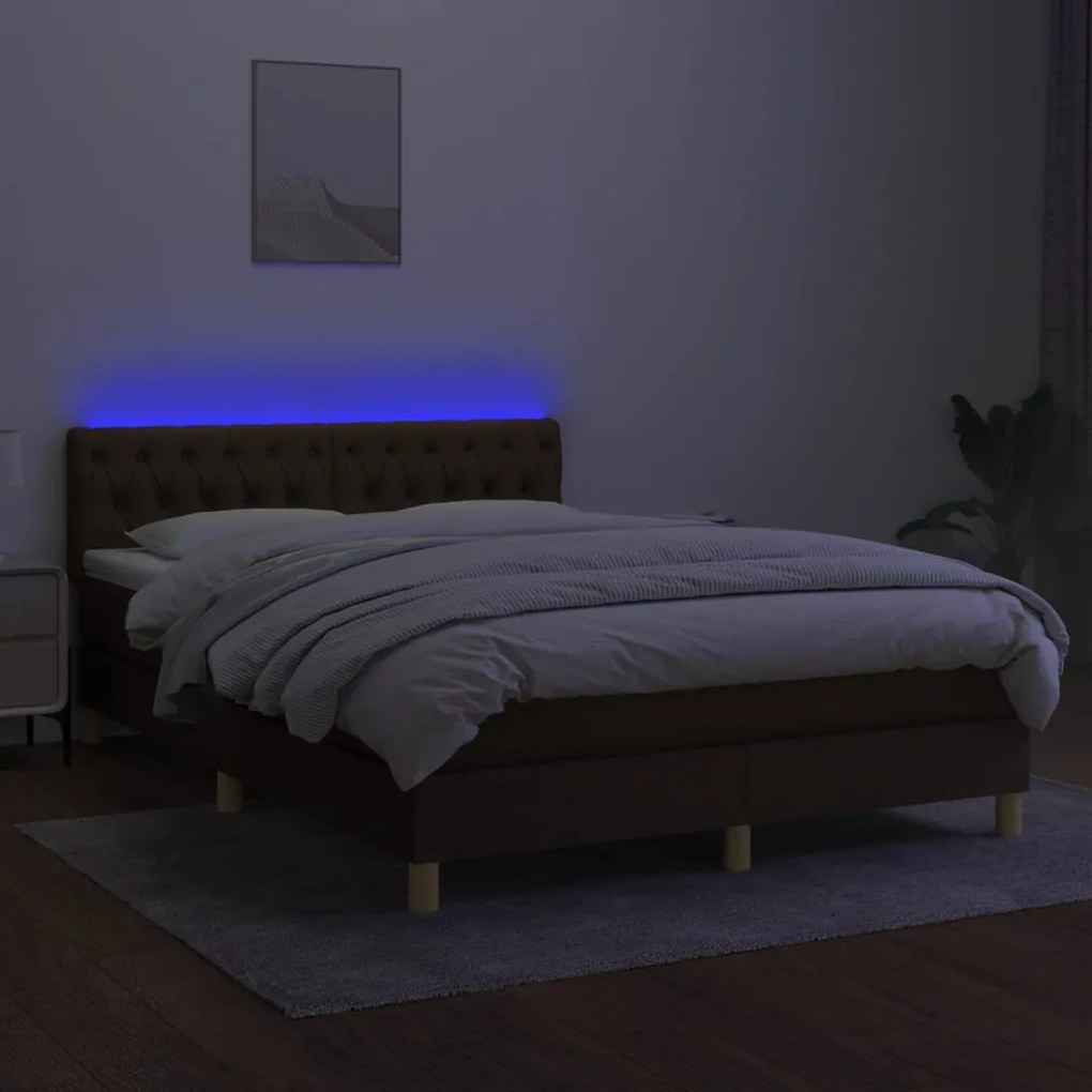 Letto a molle materasso e led marronescuro 140x190cm in tessuto