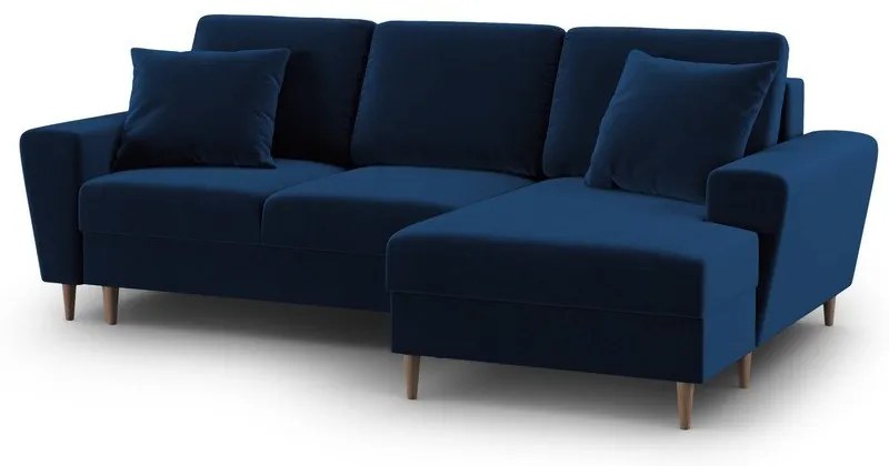 Divano angolare blu allungabile e con contenitore (con penisola a destra/con chaise lounge) con rivestimento in velluto Kyoto – Cosmopolitan Design